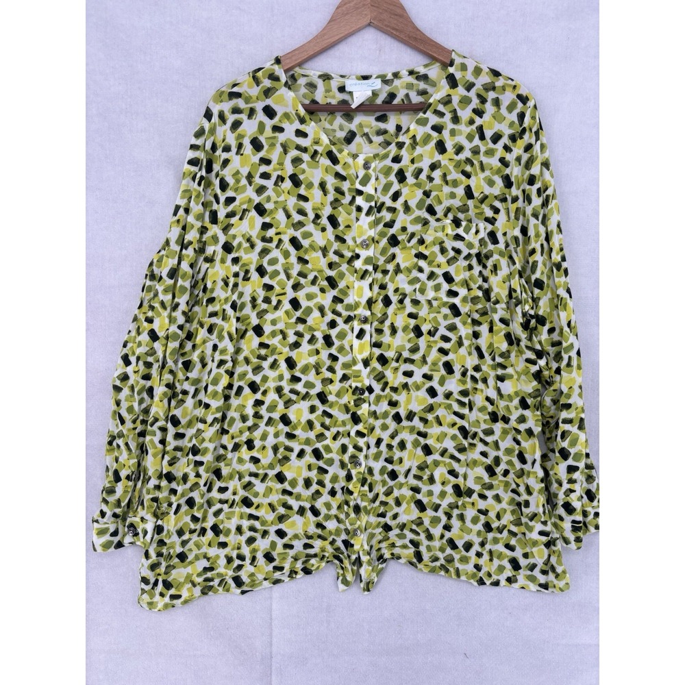 Creation L Button Up Blouse Women's Sz 20 Green & Black Geometric L/SL  Artsy